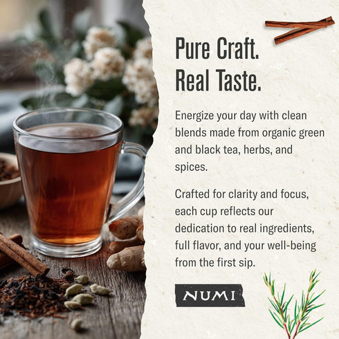 18 (Pack 3), Numi Organic Rooibos Chai Tea Bags, Tea Bags of Red Tea with Cinnamon, Allspice & Ginger, Caffeine Free