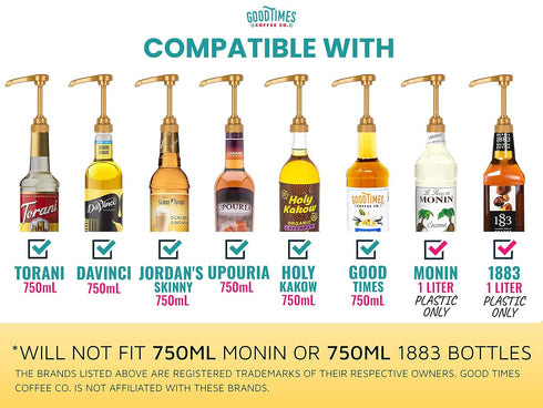 Gold Coffee Syrup Pump for 750 ml Bottles (Pack of 6), Fits Upouria, Torani, DaVinci, Monin