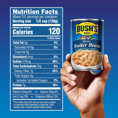 16 oz (Pack 12) BUSH'S BEST Canned Baby Butter Beans, Source of Plant Based Protein and Fiber, Low Fat, Gluten Free