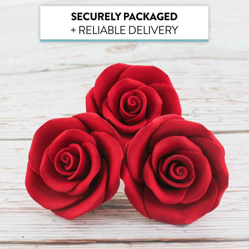 (12 Count, 1.5 Inch) Sugar Roses Medium Wired Gum Paste Flowers with Calyx, Red Roses for Cake Decorating, by Global