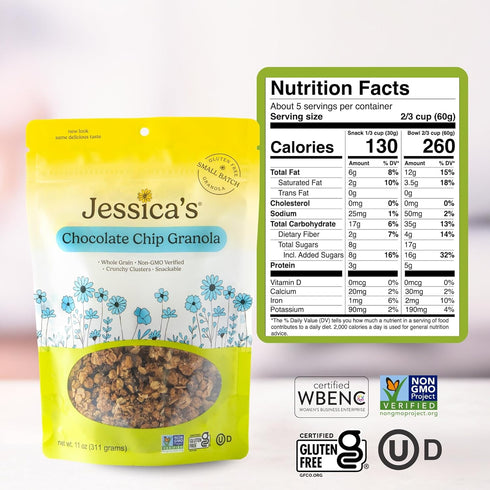 11oz (3 Pack) Jessicas Chocolate Chip Granola - Handmade, Non-GMO, Gluten-Free, Whole Grain