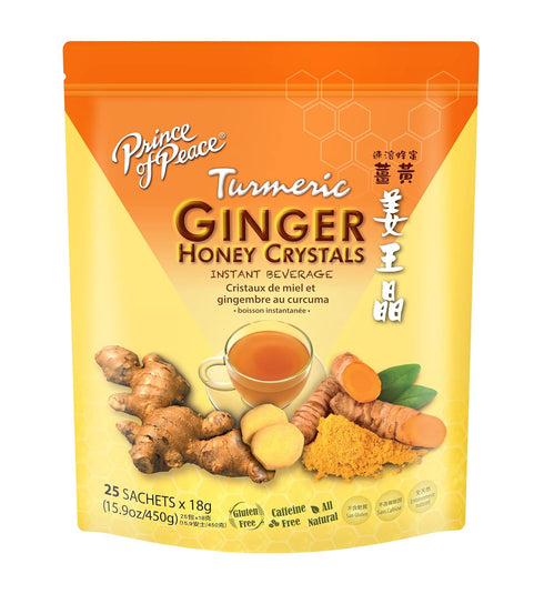 Prince of Peace Instant Ginger Honey Crystals w/Turmeric, 25 Sachets Instant Hot