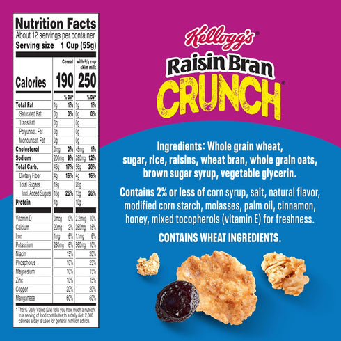 24.5 oz Kellogg's Raisin Bran Crunch Breakfast Cereal, Good Source of Fiber, Giant Size