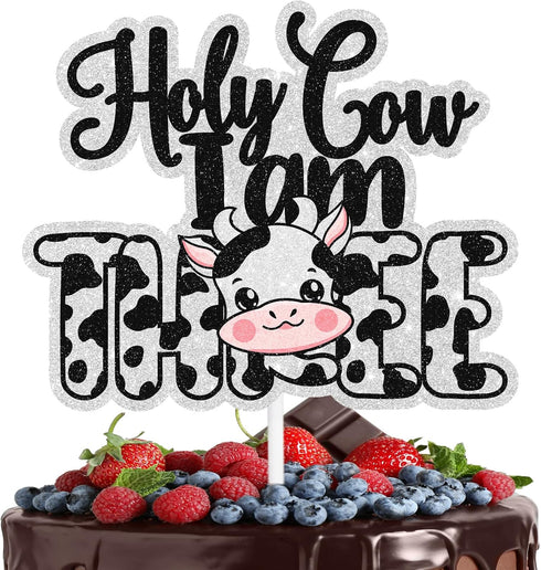 LIANGSS Holy Cow I'm Three Cake Topper Kids Happy Birthday Cute Dairy Cow