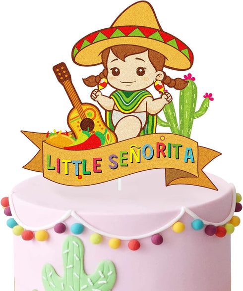 Little Senorita Birthday Cake Topper - Glitter Sombrero Mexican Fiesta Decoration for Girl Baby Shower & Gender Reveal