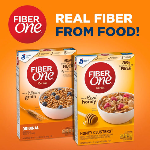 17.5 oz Fiber One Honey Clusters Breakfast Cereal, Fiber Cereal Made with Whole Grain