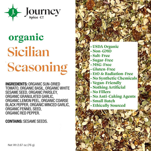 2.67 oz. Organic Sicilian Seasoning by Journey Spice Co. | Salt-Free, Sugar-Free, Non-GMO | Natural Mediterranean