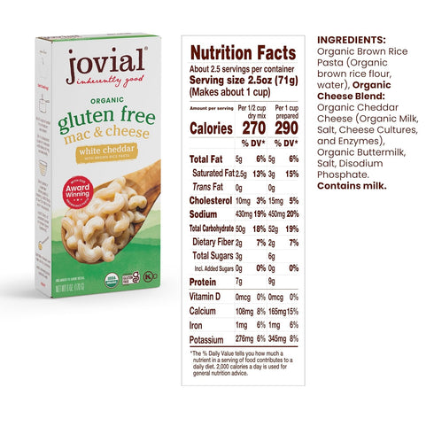 6 Oz Jovial Organic Gluten Free White Cheddar Mac and Cheese - Whole Grain Pasta, Organic Pasta, White Cheddar Macaroni