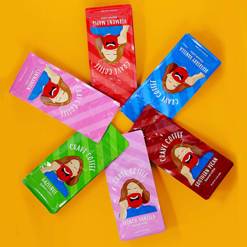 Pack 100% 10 Oz, Pack 6 Crave Beverages Flavored Ground Coffee Bag, Assorted Variety Flavorful and Fun Brew, Made