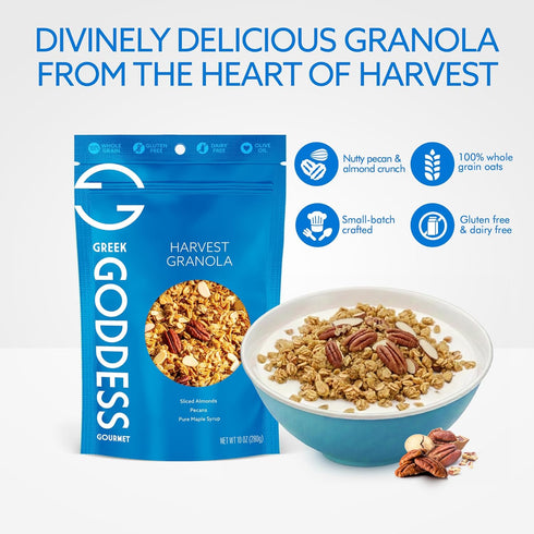 100% 10oz (1-Pack) Greek Goddess Gourmet Harvest Granola with Pecans, Almonds, Coconut & Maple Syrup, Whole Grain Oats