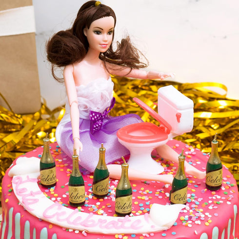 Happy 21st Birthday Cake Topper Decorations with Mini Liquor Wine Bottle Candles, Jointed Doll & Toilet