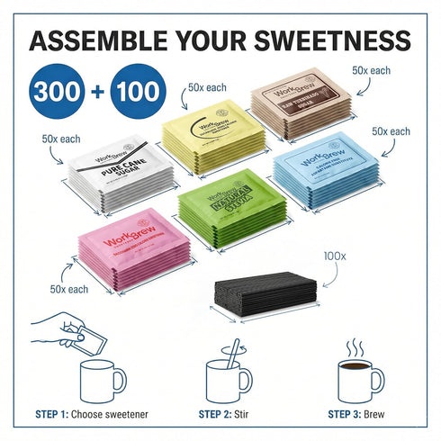 WorkBrew Packets Pack 400 Count, Sweetener Variety with Stirrers Individually Wrapped Coffee Sweeteners, Stevia, Cane