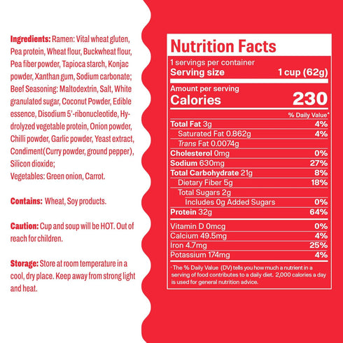 6-Pack 32g Hethstia High Protein Ramen Cup, Spicy Beef Flavor, Instant Healthy Ramen Soup with Plant Protein, Vegan