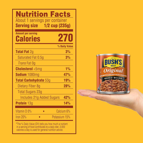 8.3 oz (Pack 12) BUSH'S BEST Canned Original Baked Beans, Source of Plant Based Protein and Fiber, Low Fat, Gluten Free