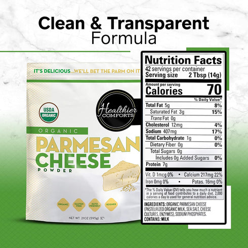 (21 oz) Healthier Comforts Organic Parmesan Cheese Powder - Real Aged Cheese Flavor Enhancer for Popcorn & Pasta.