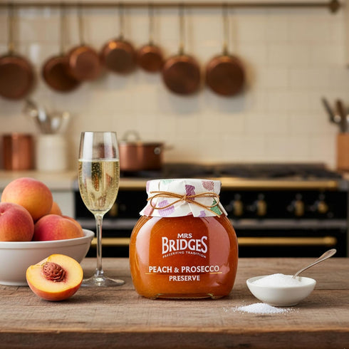 12oz (Pack 3) Mrs Bridges Peach & Prosecco Preserve, Made in Scotland, Jar