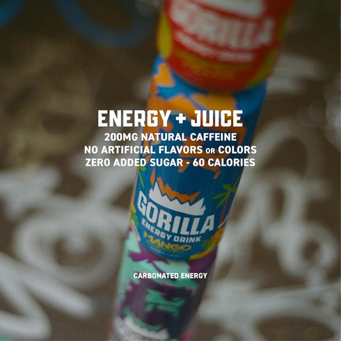 200mg 12 Pack Gorilla Energy Drink, Mango Coconut, Natural Caffeine, Real Fruit Juice Squeezed & Concentrated