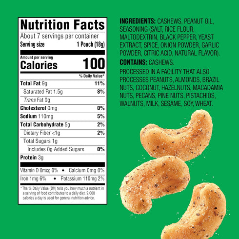 100 Packs, 7 Count, 4.34 Oz Emerald Nuts, Calorie Salt & Pepper Cashews