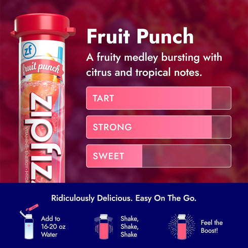 20 Pack 3-in-1 B-12 Zipfizz Daily Energy Drink Powder, Fruit Punch, Sustained Energy, Rapid Hydration, and Essential