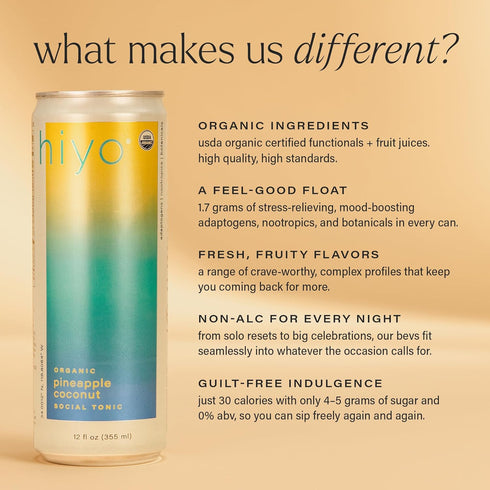 12 Pack Hiyo Organic Social Tonic - Pineapple Coconut, - N.A. Functional Seltzer, Sparkling Water Crafted with Organic