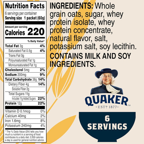 12g 2.11 oz Packets, (6 Pack) Quaker Protein Instant Oatmeal, Maple Brown Sugar, Protein per Serving, Whole Grains, No