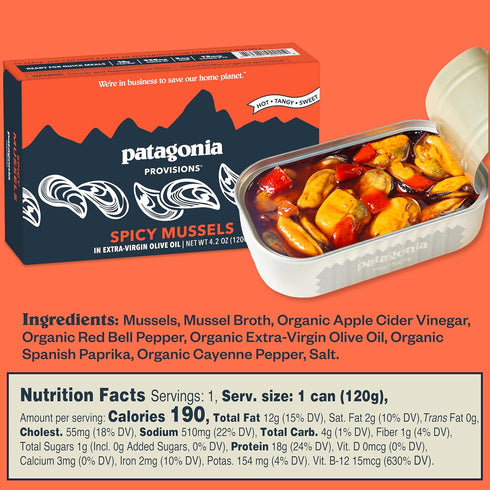 18g Patagonia Provisions - Spicy Mussels in Extra Virgin Olive Oil | Responsibly sourced | Protein & Gluten Free