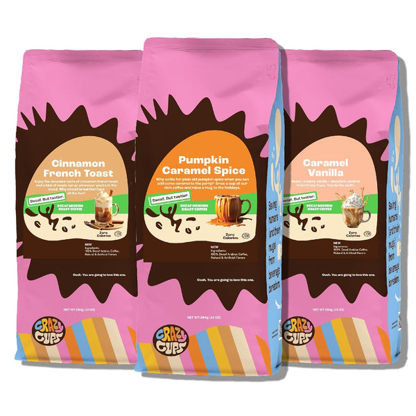 Crazy Cups Decaf Flavored Ground Coffee Variety Pack, Includes Cinnamon French Toast,