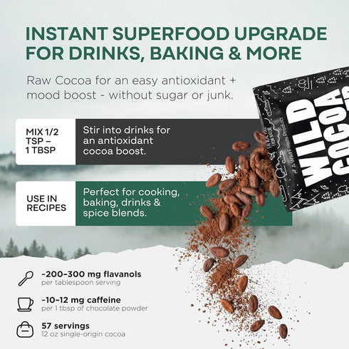 100% 12 oz Wild Foods Organic Cocoa Powder Unsweetened for Baking & Cooking, Raw Cacao Powder, Organic Single-Origin