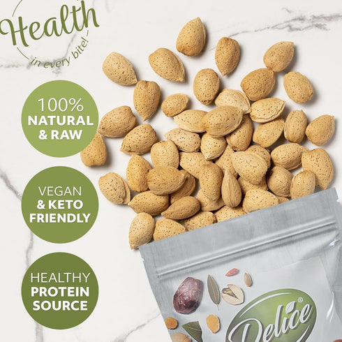 Packed (2 LBS) DELICE - Almonds In Shell | Grown and in California | Fresh Buttery Taste and Easy to Crack | Whole, Raw