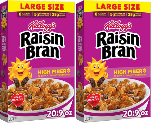 Kelloggs Raisin Bran Breakfast Cereal, High Fiber, 28g Whole Grain, Large Size,