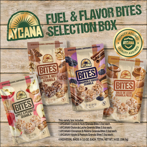 Pack, 4 Aycana Fuel & Flavor Selection Box Granola Bites Cocoa & Nuts, Dulce de Leche, Apple & Peanuts, Cinnamon