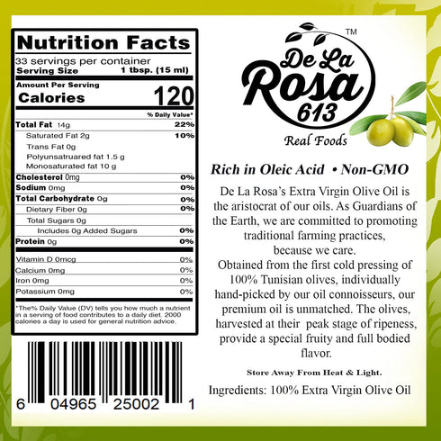 16.9 Oz (Pack 2) De La Rosa Extra Virgin olive Oil, First Cold Pressed, Vegan, Kosher, Non-GMO & Gluten-Free, Great