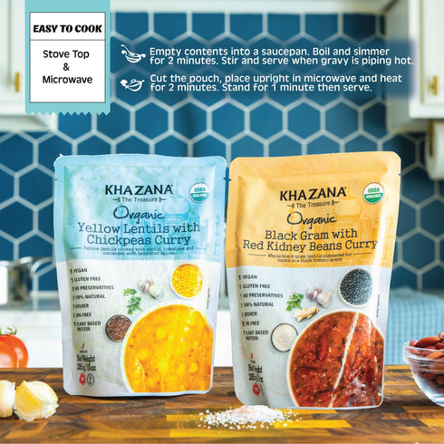 (Pack 1, 10oz 90 Khazana Organic Ready to Eat Meals - Yellow Lentils with Chickpeas Curry of Pouches) - Non-GMO, Vegan