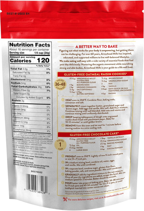 20 oz (Pack 2) Arrowhead Mills Organic Gluten Free All-Purpose Flour, Bag