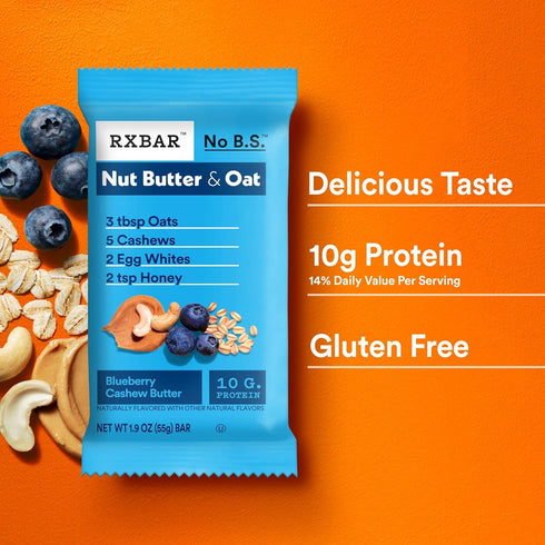 23.2oz (12 Count) RXBAR Nut Butter and Oat Protein Bars, Protein Snacks, Snack Bars, Blueberry Cashew Butter, Box