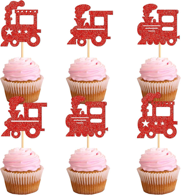 Ercadio 24 PCS Train Cupcake Toppers Picks Vintage Glitter Red Train Birthday