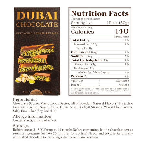 Zontixyrl 7.05oz Dubai Chocolate Bar Pistachio Rich Milk Chocolate with Creamy Pistachio Filling & Crispy Kadayif