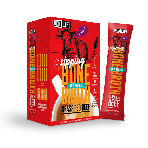 LonoLife Low Sodium Beef Bone Broth Powder Mix, Grass-Fed, 10g Protein, 10 Portable Stick Pack Servings