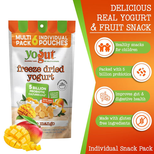 6 Pack, 5 Packs YoGut Freeze Dried Yogurt Snack, Mango, Healthy Snacks for Kids, Toddlers & Adults, Gluten Free, Non