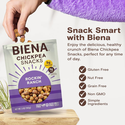 4-Pack, 5 BIENA Chickpea Snacks - Crunchy Roasted Chickpeas - High Fiber Vegan Protein Snacks for Adults and Kids