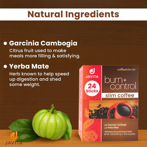 (1 box/24 Javita Burn + Control Instant Coffee Smooth Arabica, Robusta Blend with Garcinia & Yerba Mate Supports