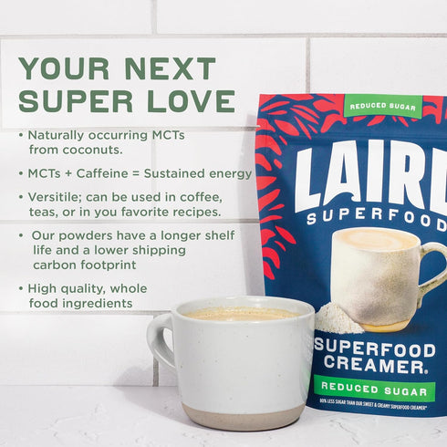 Laird Superfood Non-Dairy Reduced Sugar Coconut Powder Coffee Creamer, Keto, No Sugar Added, Gluten Free, Vegan, 8 oz.