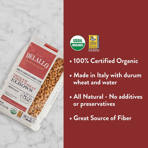 Elbow 1 7 Pack, 100% DeLallo Whole Wheat Macaroni Pasta, Pound Bag, Organic, Made in Italy, High Protein