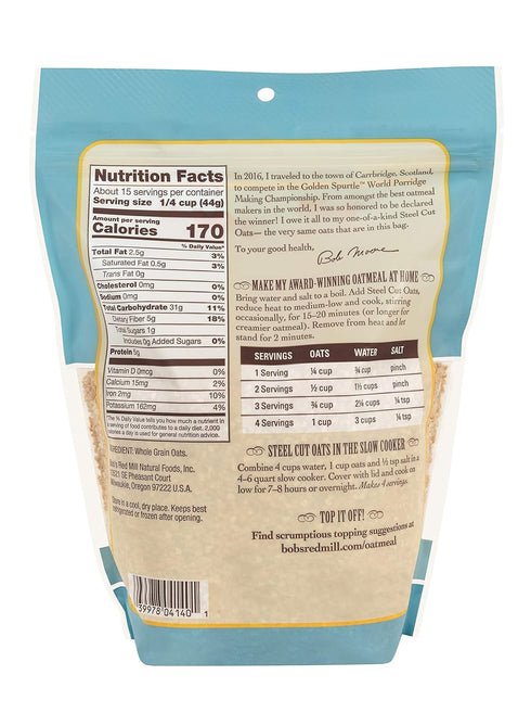 100% 24 OZ (Pack 3) Bob's Red Mill Whole Grain Steel Cut Oats Golden Spurtle