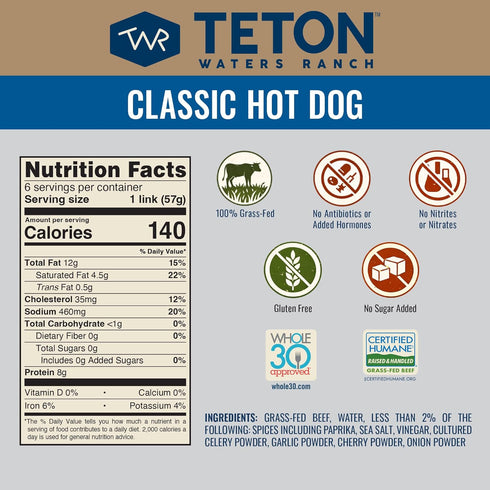 Teton Waters Ranch 100% 6 count, 12oz Grass-Fed Beef Hot Dogs, Uncured All Beef Sausage, Fully Cooked, No Antibiotics