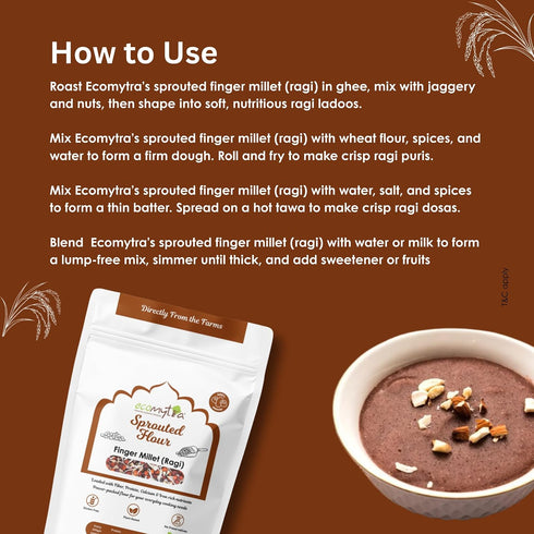 Ecomytra 100% 1lb (454g) Sprouted Finger Millet Flour (Ragi) Gluten Free & High Calcium Superfood Sprouted Rich in Iron