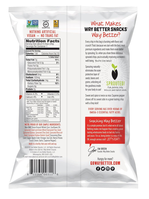 Way Better Snacks 1 oz (Pack 12) Sprouted Gluten Free Tortilla Chips, So Sweet Chili
