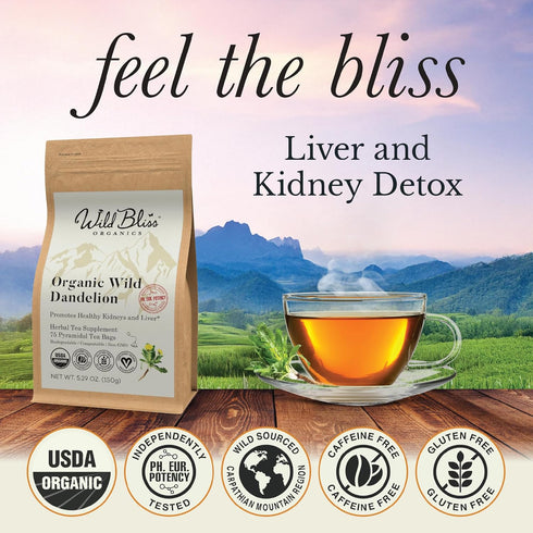 75 Wild Bliss Organic Wild Raw Dandelion Root Tea - Pharmacopoeia Quality Caffeine Free Herbal Detox Support - Plant