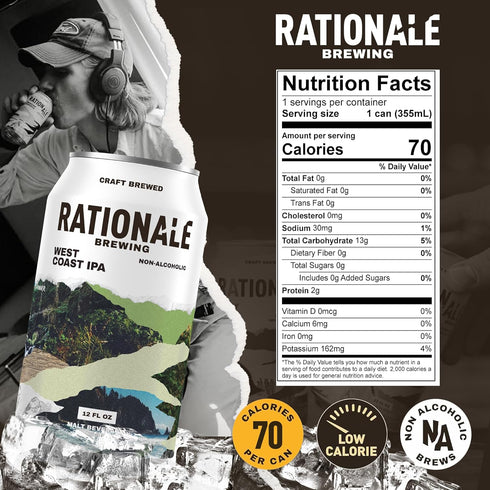 6 Pack 12oz Rationale Brewing Non Alcoholic Beer, West Coast IPA, Premium Craft NA Beer, Low Calorie Zero Alcohol