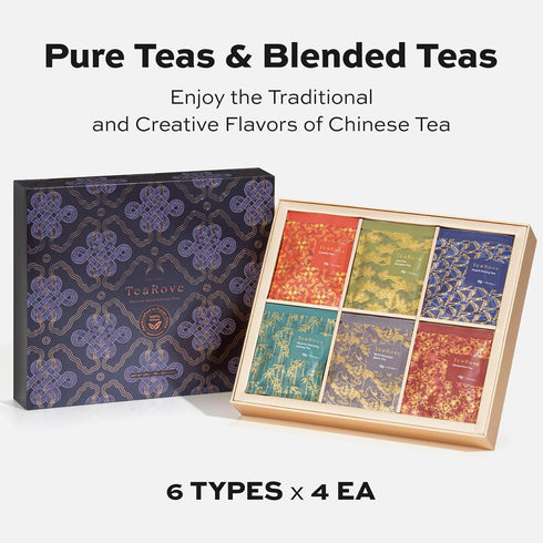 Set 24 6 Set TeaRove Fancy Tea Gift with Gold-Foil Presentation Box, Assorted Variety Pyramid Infuser Bags, Flavors